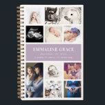 Cuaderno Lilac Modern Gallery Ten Baby Collage de fotos<br><div class="desc">Dé el regalo de diez recuerdos fotográficos en este moderno bloc de notas estilo galería con texto para el nombre del bebé, fecha de nacimiento y estadísticas de nacimiento sobre un suave fondo lila morado. El tipo de página interior, el espesor de la cubierta y el color de la espiral...</div>