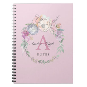 Cuaderno Lilac Monograma Pastel Línea Floral Wreath