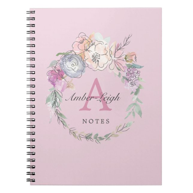 Cuaderno Lilac Monograma Pastel Línea Floral Wreath (Frente)
