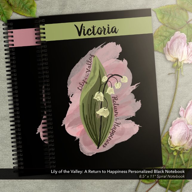 Cuaderno Lily de la Felicidad del Valle Negro Personalizado (Lily of the Valley Happiness Personalized Black Notebook)