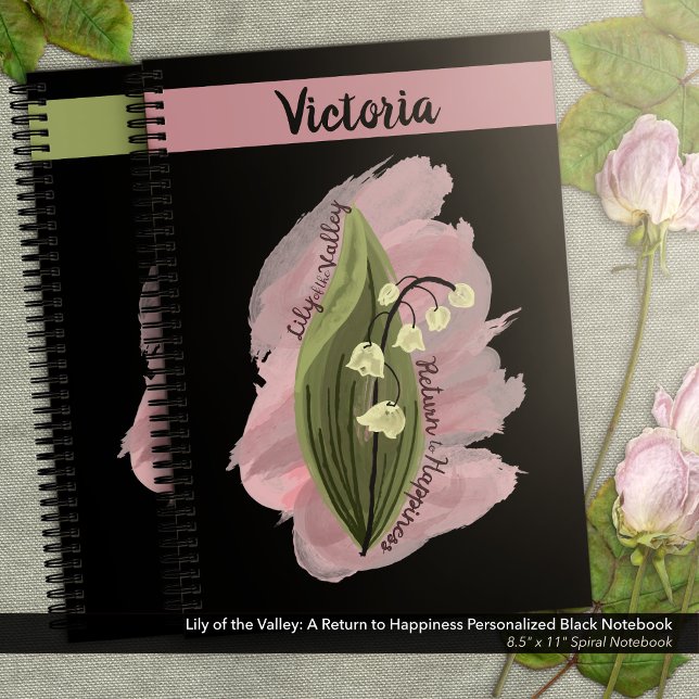 Cuaderno Lily de la Felicidad del Valle Negro Personalizado (Lily of the Valley Happiness Personalized Black Notebook)