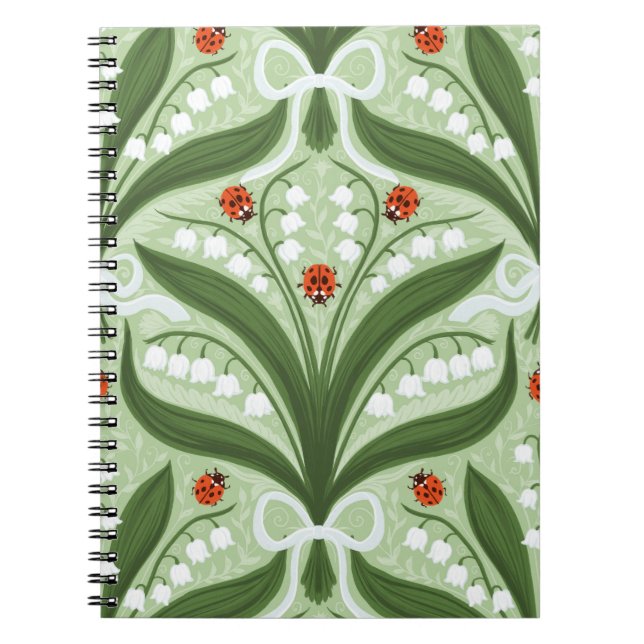 Cuaderno Lily del valle y la simetría de ladybugs en verde, (Frente)