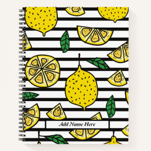 Cuaderno Limón moderno sobre fondo rayado negro y blanco