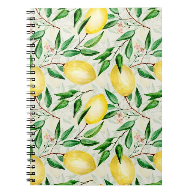 Cuaderno Limones acuarelas, patrón de fruta sin costura. (Frente)
