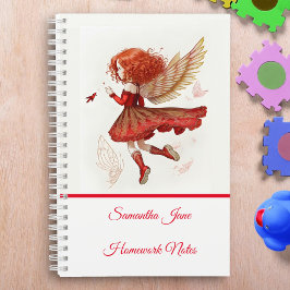 Cuaderno Linda Fantasía de Hada Voladora Roja Pequeña y Mon