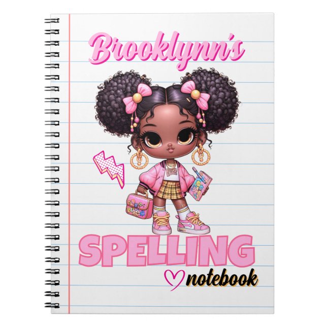 Cuaderno Lindo Afro con coletas rosadas y amarillas, estilo (Frente)