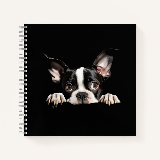 Cuaderno Lindo cachorro de Boston Terrier pensativo (Anverso)