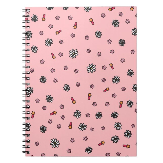 Cuaderno Lindo floral rosa y blanco con estrellas en coral (Frente)