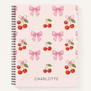 Cuaderno Lindo patrón coquette de lazo de cereza en acuarel