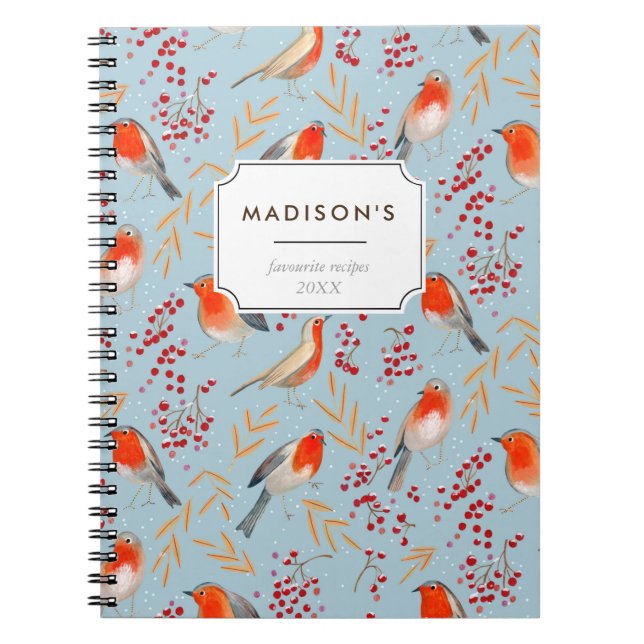 Cuaderno Lindo patrón de pájaro rojo azul de Navidad petirr (Frente)