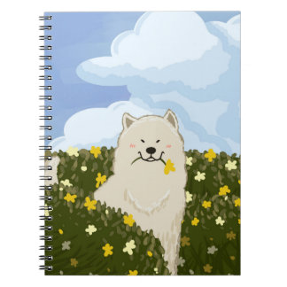 Cuaderno Lindo perro Samoyed en campo de flores amarillas (