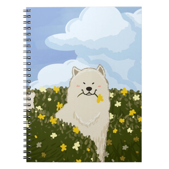 Cuaderno Lindo perro Samoyed en campo de flores amarillas ( (Frente)