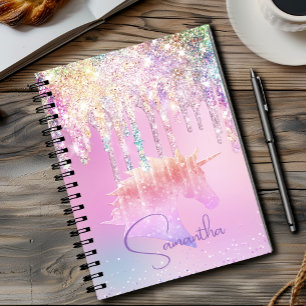 Cuaderno Lindo unicornio de arcoíris con gotas de brillo ro
