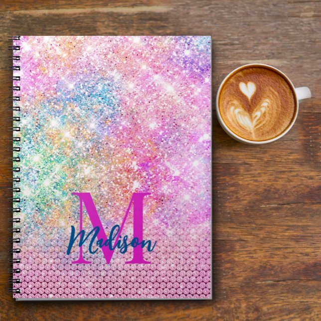 Cuaderno lindo unicornio monograma rosa de brillo falso con (Subido por el creador)
