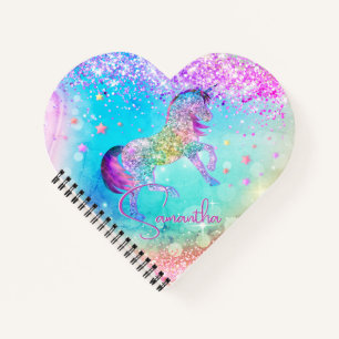 Cuaderno Lindo unicornio rosa brillo arcoíris aqua monogram