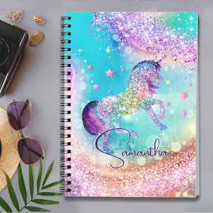 Cuaderno Lindo unicornio rosa Brillo arcoíris aqua monogram