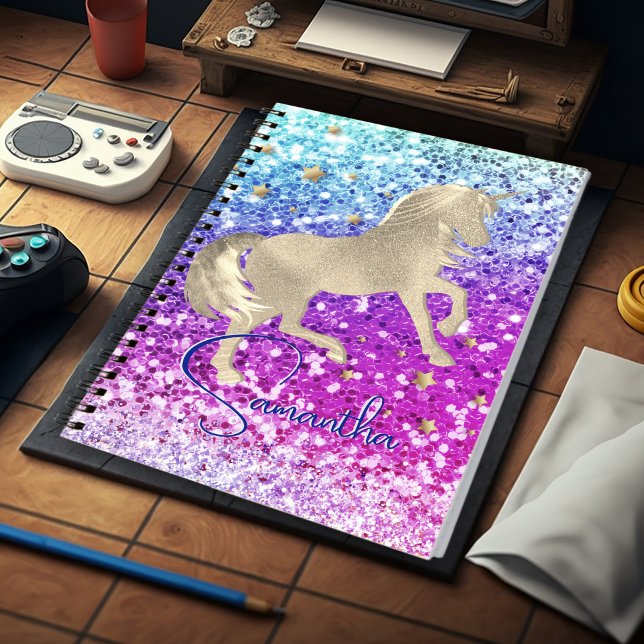 Cuaderno Lindo unicornio rosa Brillo arcoíris dorado monogr (Subido por el creador)