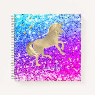 Cuaderno Lindo unicornio rosa Brillo arcoíris dorado monogr