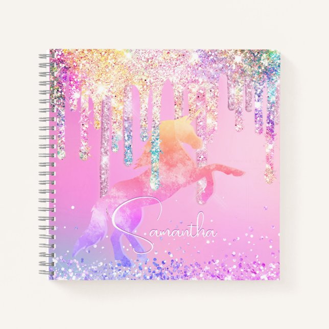 Cuaderno Lindo unicornio rosa Brillo arcoíris Gotea monogra (Anverso)