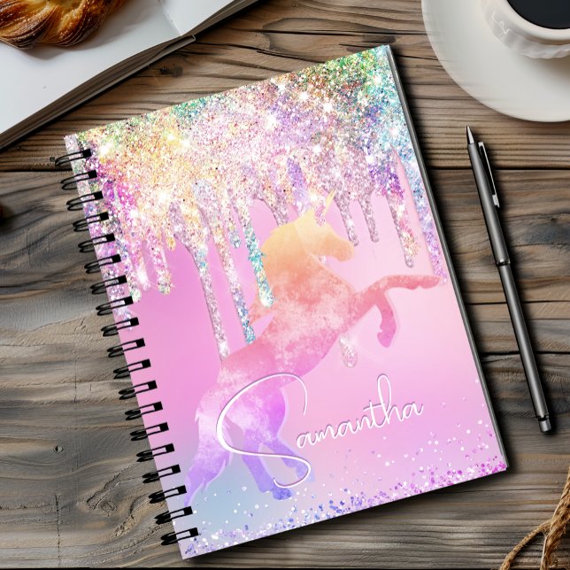 Cuaderno Lindo unicornio rosa Brillo de arcoíris Monograma  (Subido por el creador)