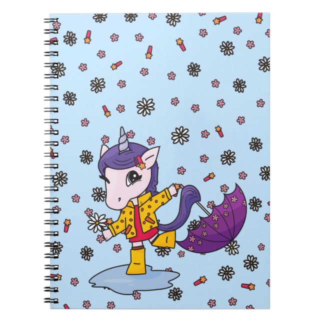 Cuaderno Lindo y Simple Unicornio Floral Azul con Impermeab (Frente)