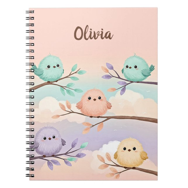 Cuaderno Lindos Bebés Pájaros Regordetes en Ramas (Frente)