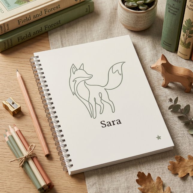 Cuaderno Línea de Arte de Lujo Tranquilo Zorro Verde Menta  (Quiet Luxury Line Art Fox Sage Green Kids Name School Notebook)