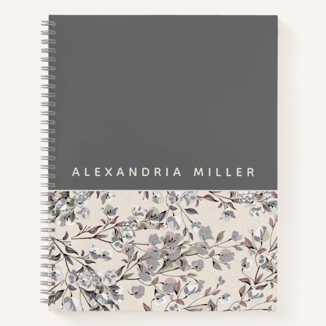 Cuaderno Linen Beige y Floral Gris | Nombre personalizado (Anverso)