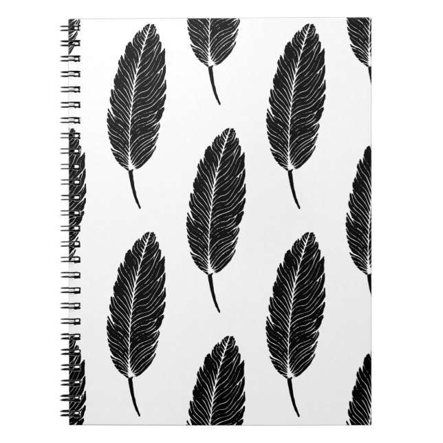 Cuaderno Linocut de plumas rusticas en blanco y negro (Frente)