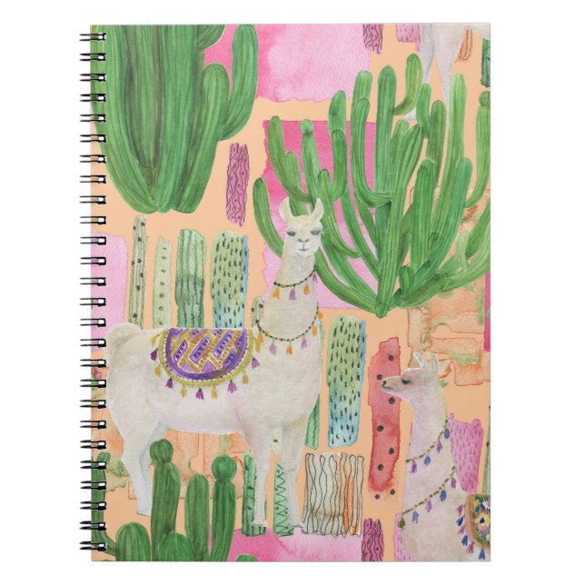 Cuaderno Llamas acuarelas, cactus: patrón sin costura. (Frente)