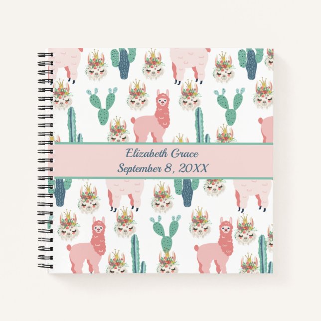 Cuaderno Llamas rosadas y cactus verdes personalizados (Anverso)