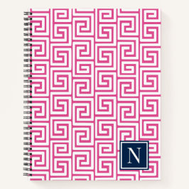 Cuaderno Llave Griega Monograma Preppy – Rosa Caliente y Az