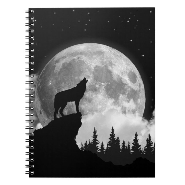 Cuaderno Lobo blanco y negro aullando en la luna (Frente)