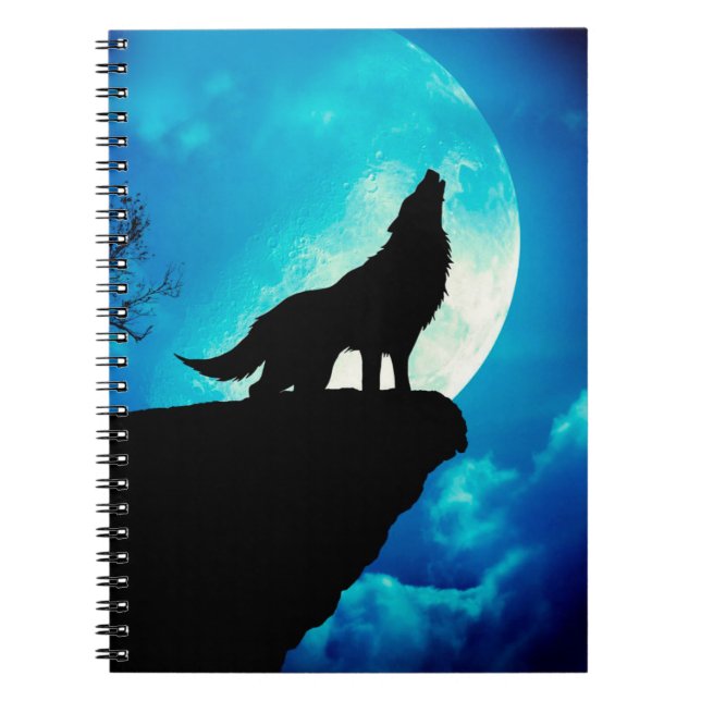 Cuaderno Lobo en silueta aúllando a la luna llena (Frente)