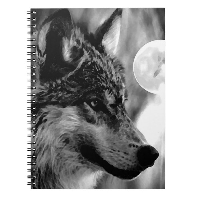 Cuaderno Lobo negro y blanco, lunar y portátil nocturno (Frente)