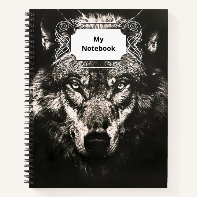 Cuaderno Lobo salvaje majestuoso monocromo (Anverso)