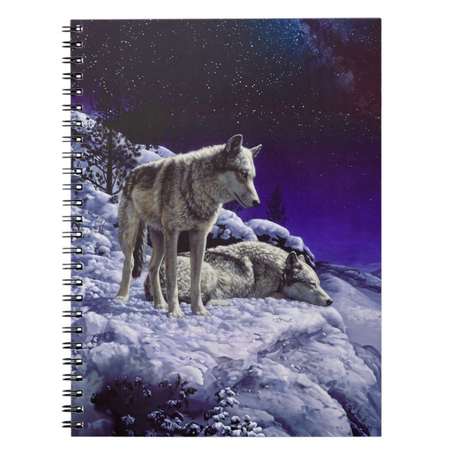 Cuaderno Lobos grises en la nieve de invierno de noche (Frente)