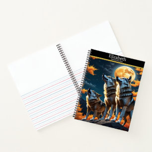 Cuaderno Lobos gritando en una luna resplandeciente en un c