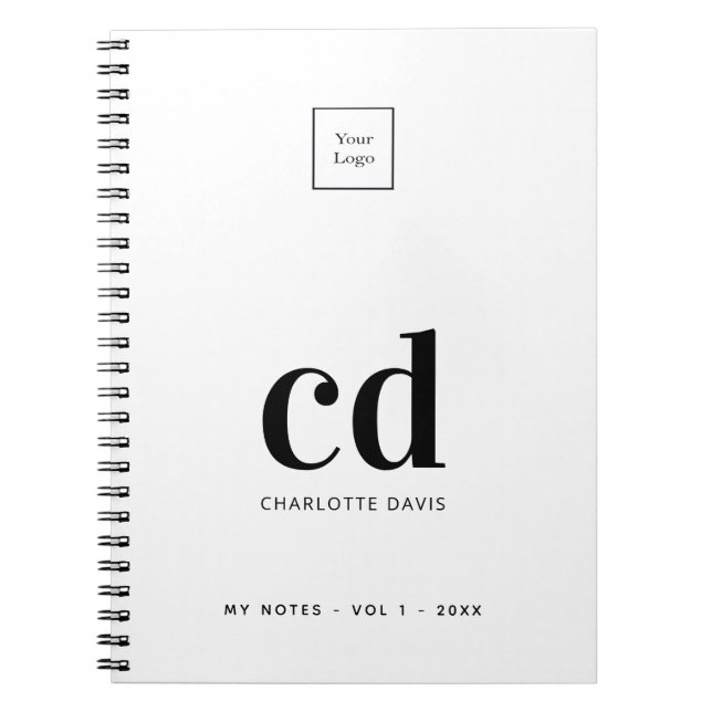 Cuaderno Logo blanco negro monograma iniciales empresa (Frente)