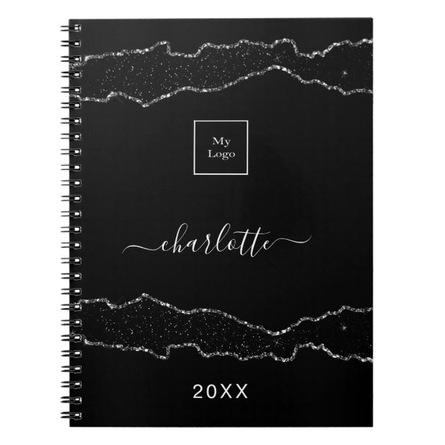 Cuaderno Logo de negocios de mármol de ágata de plata negra (Frente)