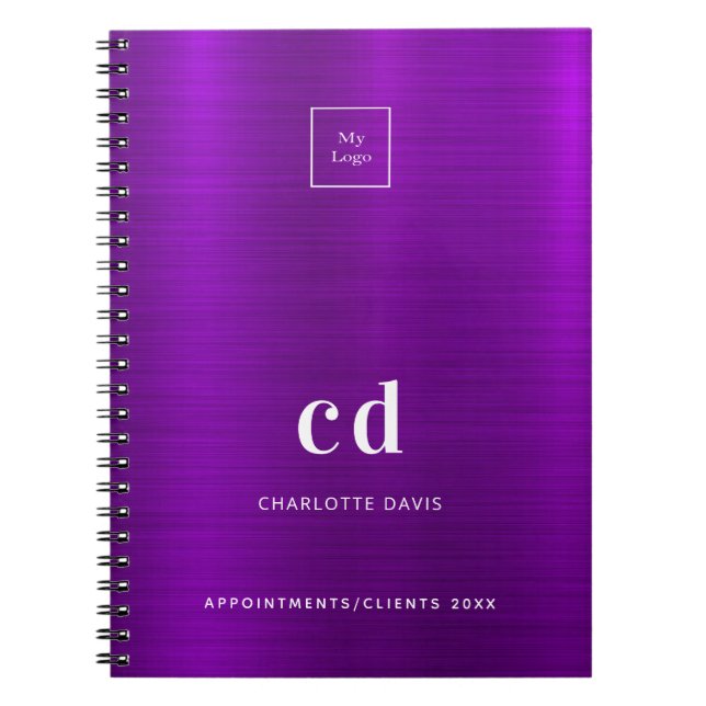 Cuaderno Logo del negocio del monograma metálico púrpura (Frente)