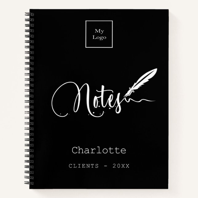 Cuaderno Logo elegante de la pluma de guiones blancos negro (Anverso)