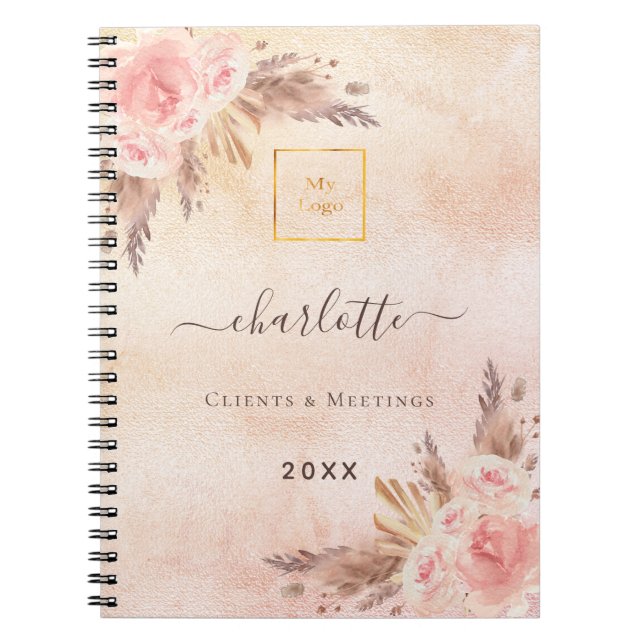 Cuaderno logo empresarial floral de hierba de pampas en ros (Frente)