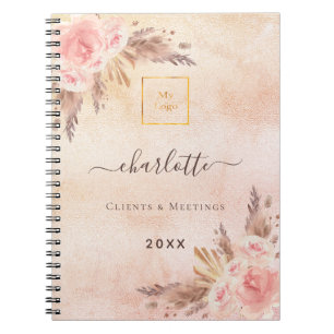 Cuaderno logo floral de negocios rosa oro de hierba de las