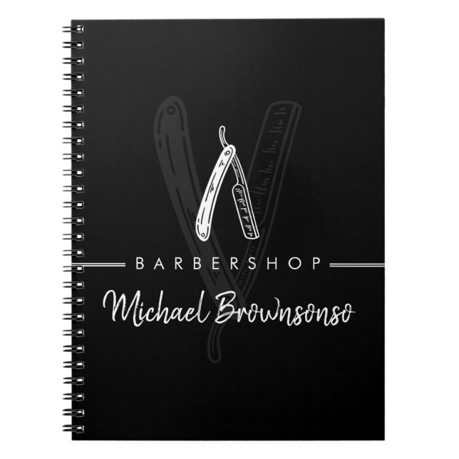 Cuaderno Logotipo de línea blanca negra Marca Navaja Barber (Frente)