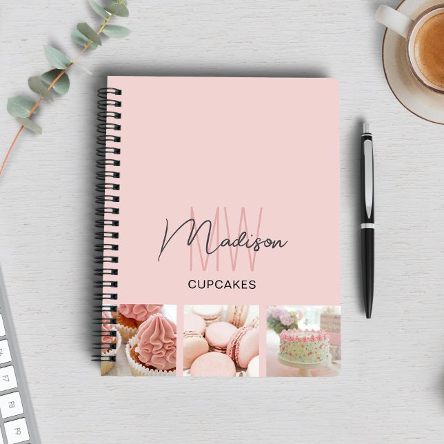 Cuaderno Logotipo de Monograma Personalizado Foto Panadería (Custom Monogram Logo Photo Bakery Pink Notebook)