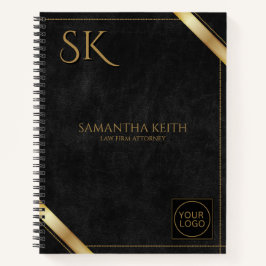 Cuaderno Logotipo de negocio Banda dorada de cuero negro de