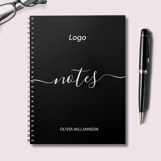 Cuaderno Logotipo Negra Profesional (Customizable logo notebook with script 'notes' text.  Add your own name or custom text and own logo.)