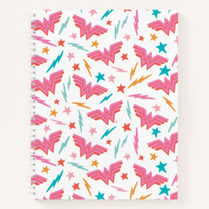 Cuaderno Logotipo rosa de Wonder Woman y patrón de relámpag