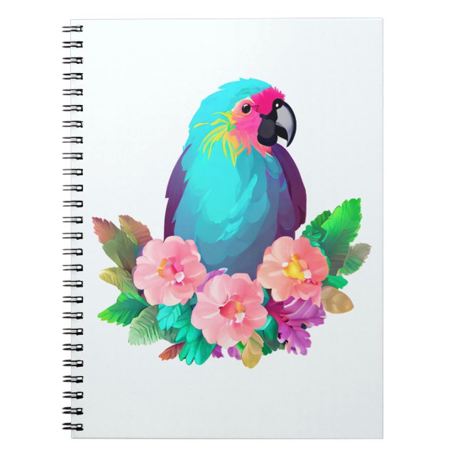 Cuaderno Loro tropical azul con flores tropicales (Frente)